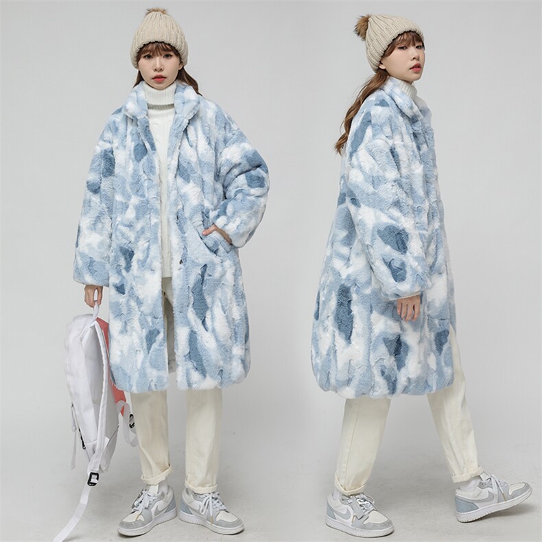 蓝色獭兔毛水貂绒大衣女中长款冬季加厚毛毛外套宽松毛茸茸仿皮草,女装风衣,尚羽泽网红店