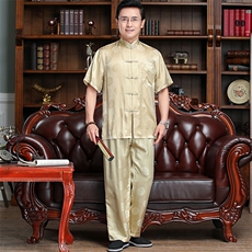 新款夏季父亲衣服衬衫短袖中老年男装丝绸套装唐装，男装衬衫，钱塘6003（原4033）