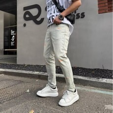 做旧水洗破洞男士牛仔裤春夏季潮韩版涂鸦百搭青年修身小脚九分裤，男装牛仔裤，星座1210-1