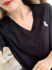 【刺绣款】80支新疆长绒棉丝光棉T恤女V领纯棉短袖纯色打底，女装T恤，元素羊绒