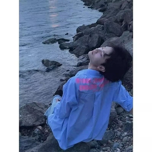 港风休闲慵懒风长袖衬衫男秋冬新款痞帅高级感百搭蓝色条纹上衣潮图片