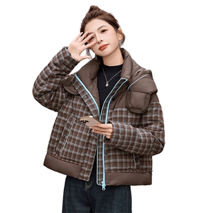 时尚格子连帽短款羽绒服女2025年冬季新款加厚保暖减龄白鸭绒外套图片