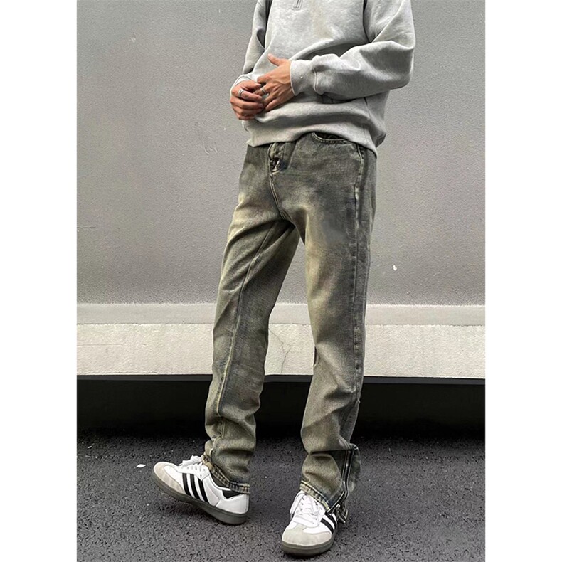 美式ins高街hiphop拉链直筒重工艺水洗牛仔裤货号K685P55,男装牛仔裤,电商A063