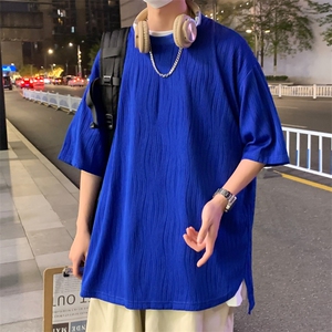 蓝色肌理短袖t恤男夏季薄款冰丝宽松2025新款设计感小众五分半袖图片