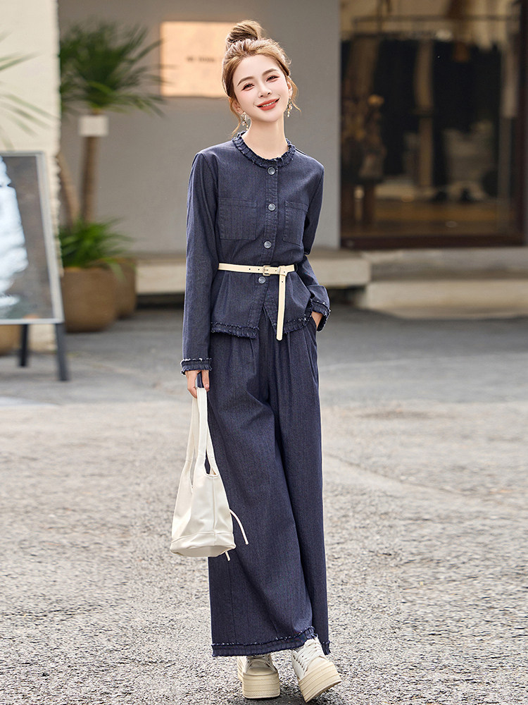 时尚休闲牛仔套装女2025春季新款超好看收腰上衣复古阔腿裤两件套,女装套装/套裙,魅影