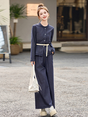 时尚休闲牛仔套装女2025春季新款超好看收腰上衣复古阔腿裤两件套，女装套装/套裙，魅影