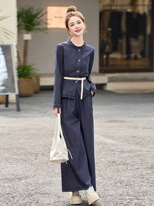 时尚休闲牛仔套装女2025春季新款超好看收腰上衣复古阔腿裤两件套图片