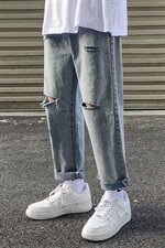 现货港风chic韩版休闲九分裤简约破洞牛仔裤修身小脚裤KZ11，男装牛仔裤，星座1008
