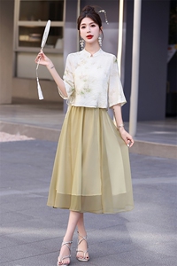 / 新中式植绒绣汉服套装女夏季新款国风禅意茶服两件套图片
