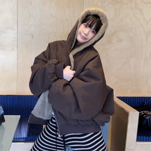 网 两面穿仿水貂毛 棉服夹克宽松连帽加绒加厚外套女 B70-特P98图片