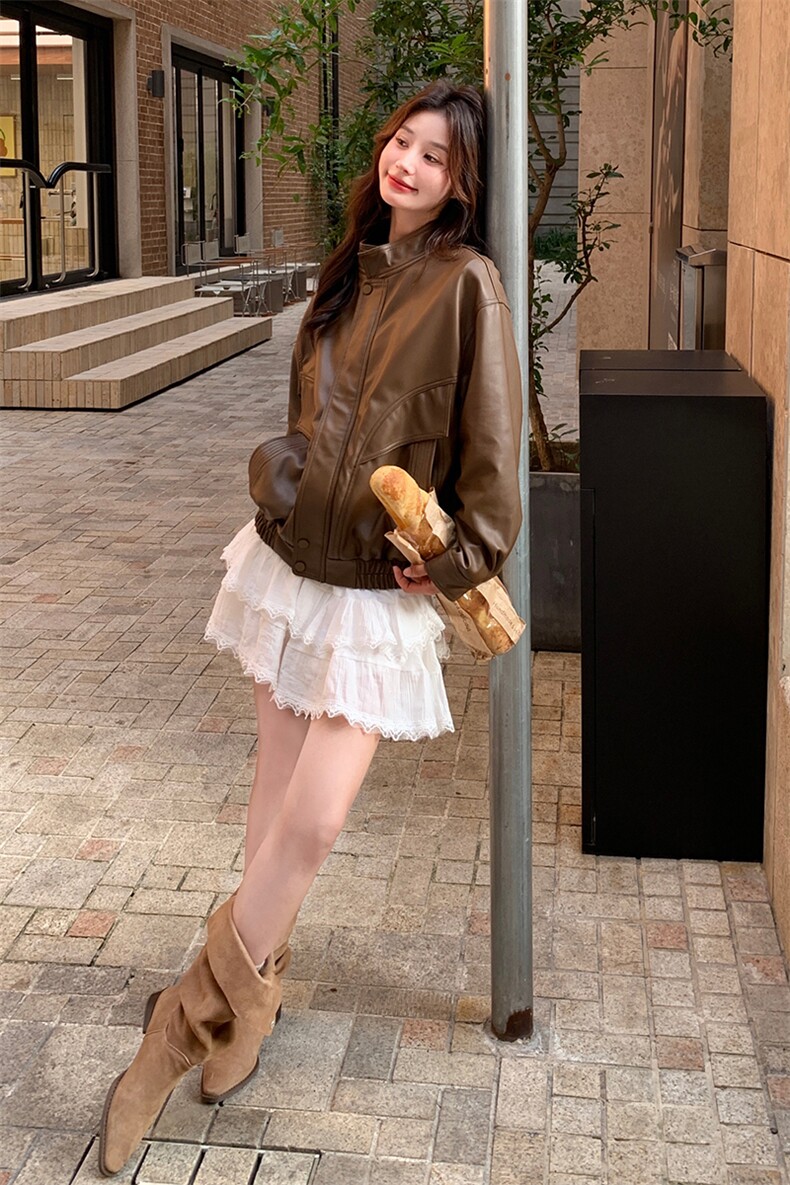 美拉德咖色短款皮衣外套女春秋2025新款高级感复古宽松休闲小夹克,女装皮衣,帛锦泉