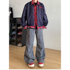美式小众格子拼接假两件外套男女春季复古工装飞行员夹克棒球服潮图片