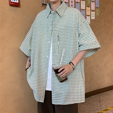 日系格子短袖衬衫女夏季宽松休闲半袖工装衬衣设计感情侣款外套，男装衬衫，星座716-4