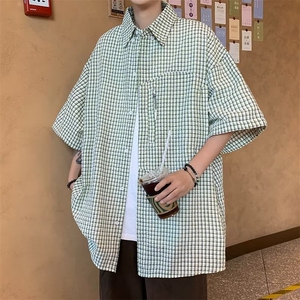 日系格子短袖衬衫女夏季宽松休闲半袖工装衬衣设计感情侣款外套图片