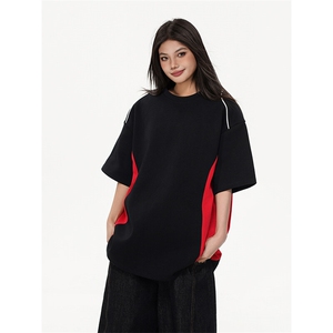 抖音得物高品质二开240克宽松纯棉美式撞色拉条中性风短袖T恤图片