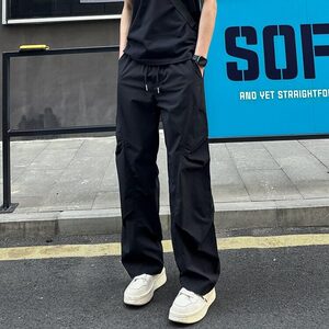 直筒伞兵裤夏季情侣宽松薄款褶皱休闲裤户外潮流工装裤男KQ87