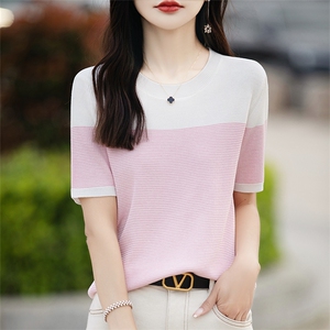 条纹短袖t恤女气质圆领夏季薄款轻奢高级感上衣夏季图片