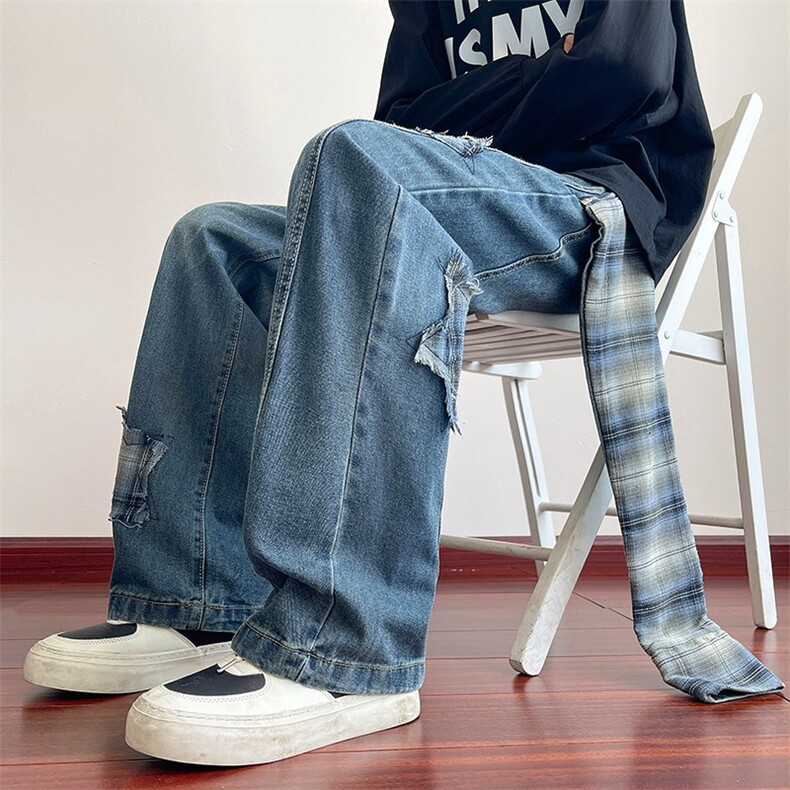 美式星星贴布侧边拉链牛仔裤男春夏季设计感高腰宽松阔腿直筒裤子，男装牛仔裤，星座601-1