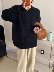 2025年秋季新款百搭女士麻花圆领长袖针织衫，女装针织衫/毛衣，硕彦羊绒