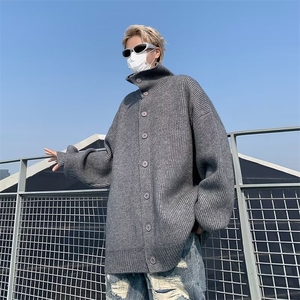 秋冬纯色高领单排纽扣针织开衫男韩系潮流软糯毛衣外套痞帅图片