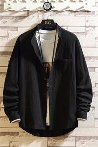 CS13 秋季男士宽松大码日系白墙亚麻休闲长袖衬衫男潮衬衣图片
