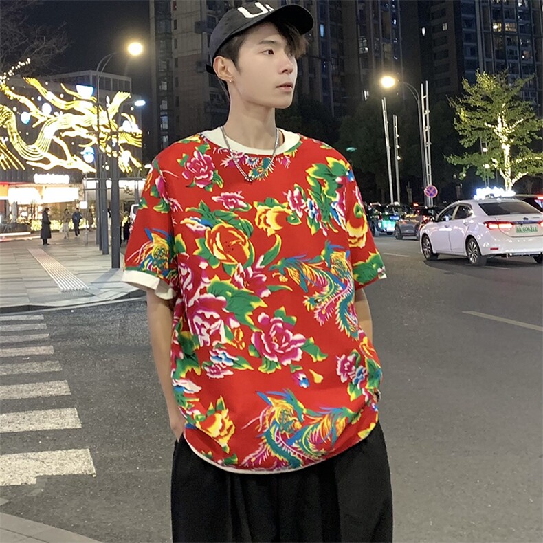HT203夏情侣东北大花民族风牡丹花圆领短袖T恤青少年大码男女潮,男装T恤,星座115A(原星座507）