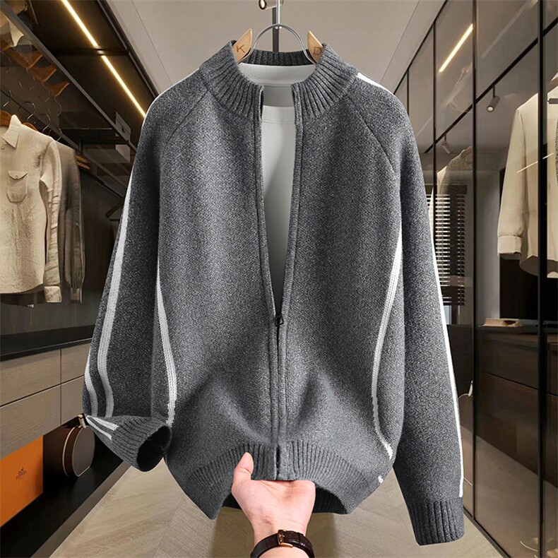 25841-P78秋季时尚立领毛衣开衫男针织衫宽松条纹夹克外套，男装针织衫/毛衣，电商D310B