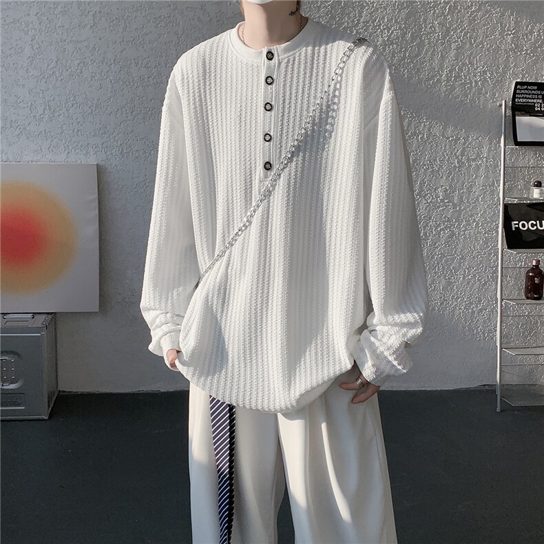 肌理感条纹长袖T恤大码纯色简约打底衫亨利领内搭上衣LT1002特P32，男装T恤，电商B215