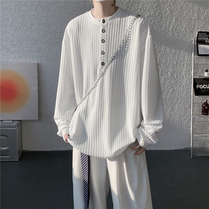 肌理感条纹长袖T恤大码纯色简约打底衫亨利领内搭上衣LT1002特P32，男装T恤，电商B215