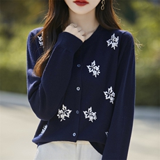 24秋冬精纺羊毛开衫女圆领枫叶钉珠长袖毛衣外套气质宽松外搭上衣，女装羊毛衫，东远绒业