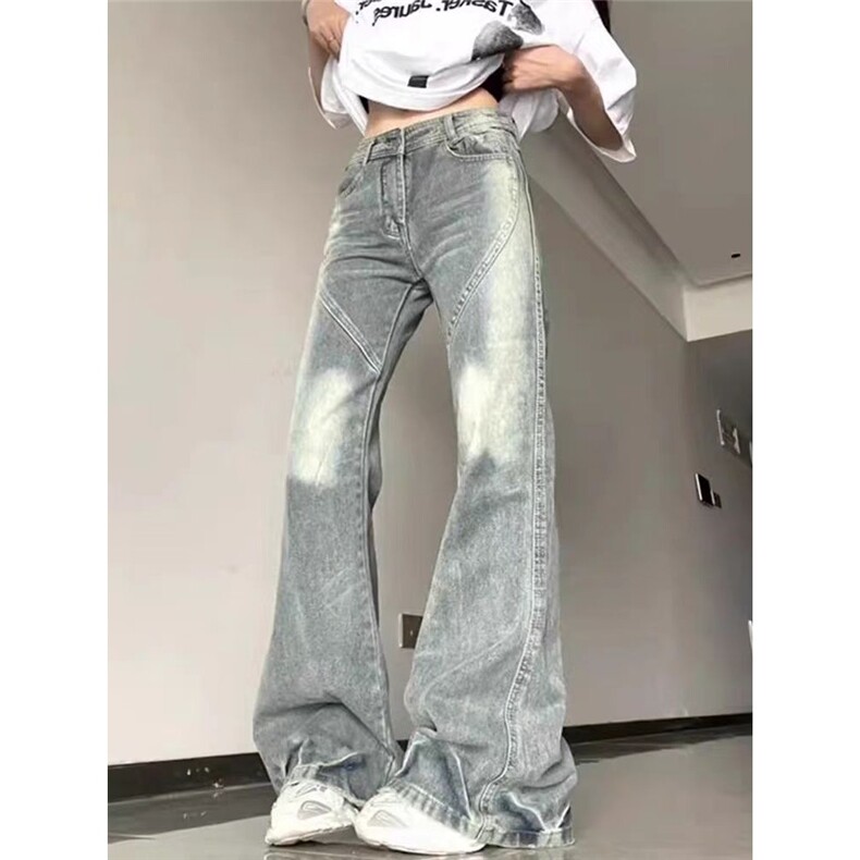 美式高街微喇叭牛仔裤女夏季2025新款高腰水洗复古直筒阔腿薄裤子,男装牛仔裤,星座1210-1