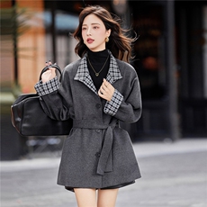 韩系格子拼接毛呢外套女2025秋冬新款系带显瘦百搭气质中长款大衣，女装毛呢外套，靓衣阁