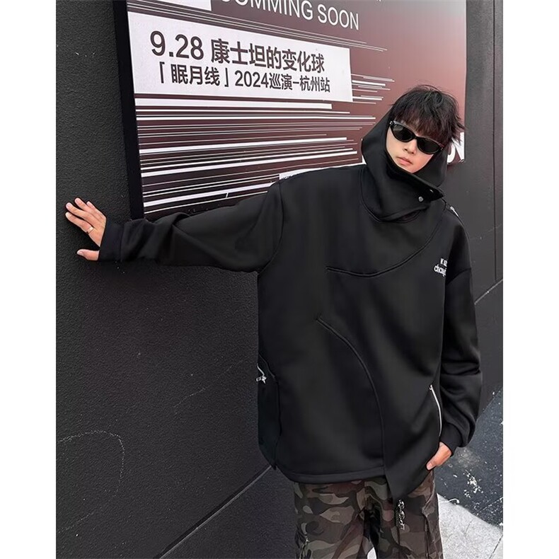 美式潮牌灰色重磅连帽不规则卫衣男女秋冬宽松设计感小众帽衫外套,女装短外套,星座601-2