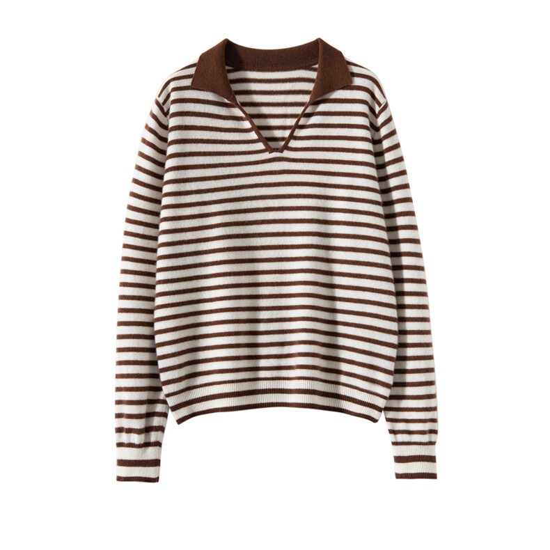 2025年秋季时尚百搭通勤简约休闲POLO领条纹衫，女装羊绒衫，轻暖羊绒