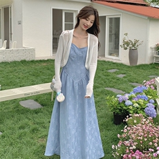 温柔风蓝色吊带裙套装女2025夏新款法式针织开衫提花连衣裙两件套，女装连衣裙，2C269