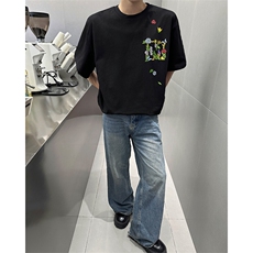 潮牌短袖T恤花绘刺绣设计感T恤美式复古条纹口袋短袖T恤半袖P48，男装T恤，电商B319