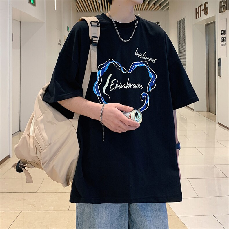 1港风休闲运动情侣大码M-5XL潮爱心印花短袖T恤男DT7835P25控38图片