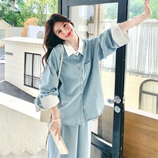 韩版宽松蓝色条纹衬衫半身裙套装女2025秋季新款高级感穿搭两件套，女装套装/套裙，2C108