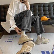 21春季新款港风休闲格子牛仔裤男韩版宽松直筒九分裤子k298-p45图片