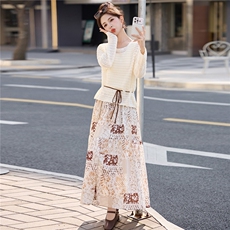 2026年春季新款时尚气质圆领印花半身裙两件套，女装套装/套裙，蓝诺裳