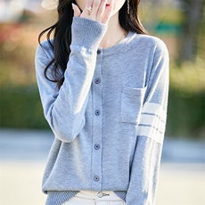 2025春秋圆领精纺羊毛开衫女TB拼色带兜长袖针织毛衣宽松休闲外套，女装针织衫/毛衣，佰米娇羊绒