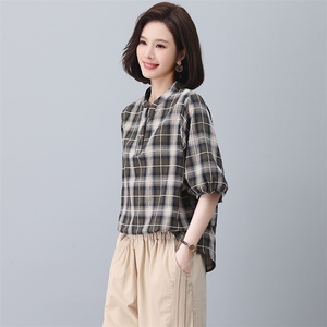 纯棉格子衬衫女2023夏季新款年轻妈妈休闲宽松收腰显瘦短袖上衣图片