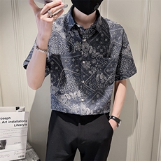 夏季印花短袖衬衫男士社会小伙潮痞帅半袖微宽松衬衣TZ94P50控78，男装T恤，电商B413