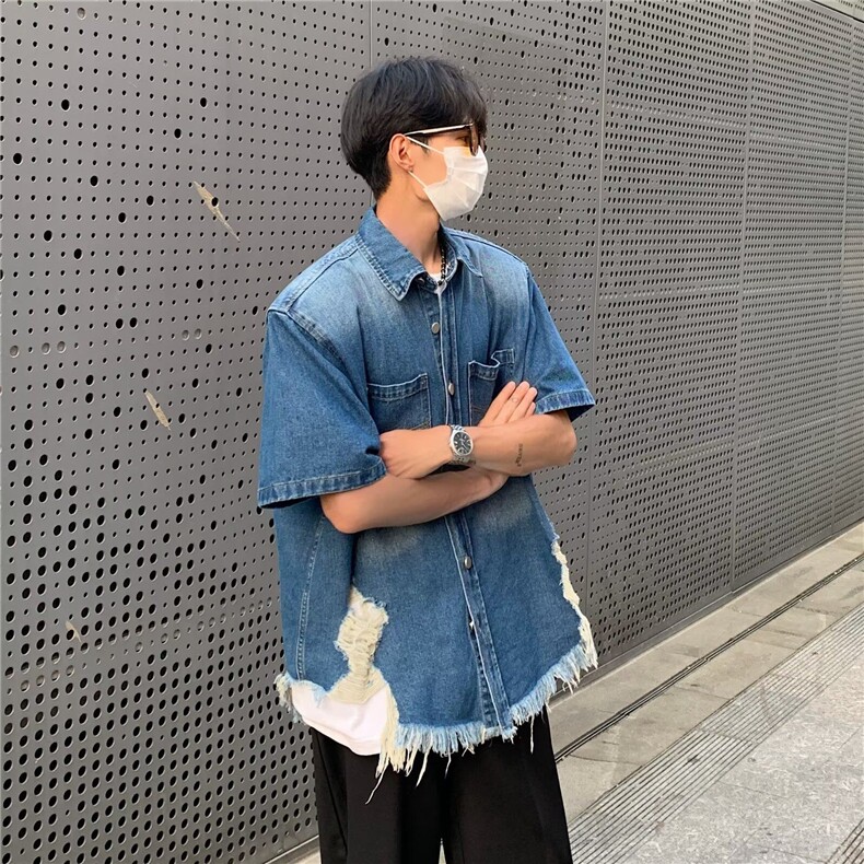 C526P47美式复古感垫肩短袖牛仔衬衫男宽松夏季翻领衬衣痞,男装衬衫,星座512-6