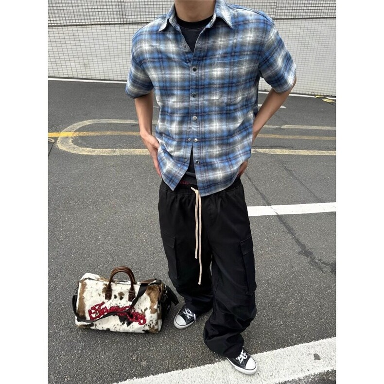 港风格子短袖衬衫男夏季美式复古半袖衬衣高级感痞帅潮,男装T恤,星座410-7