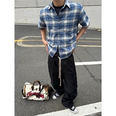 港风格子短袖衬衫男夏季美式复古半袖衬衣高级感痞帅潮，男装T恤，星座410-7