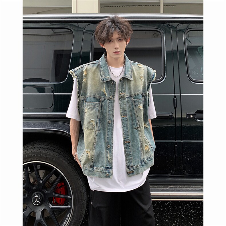 wassup happy毛边牛仔马甲男夏季潮流美式工装坎肩上衣服休闲外套图片