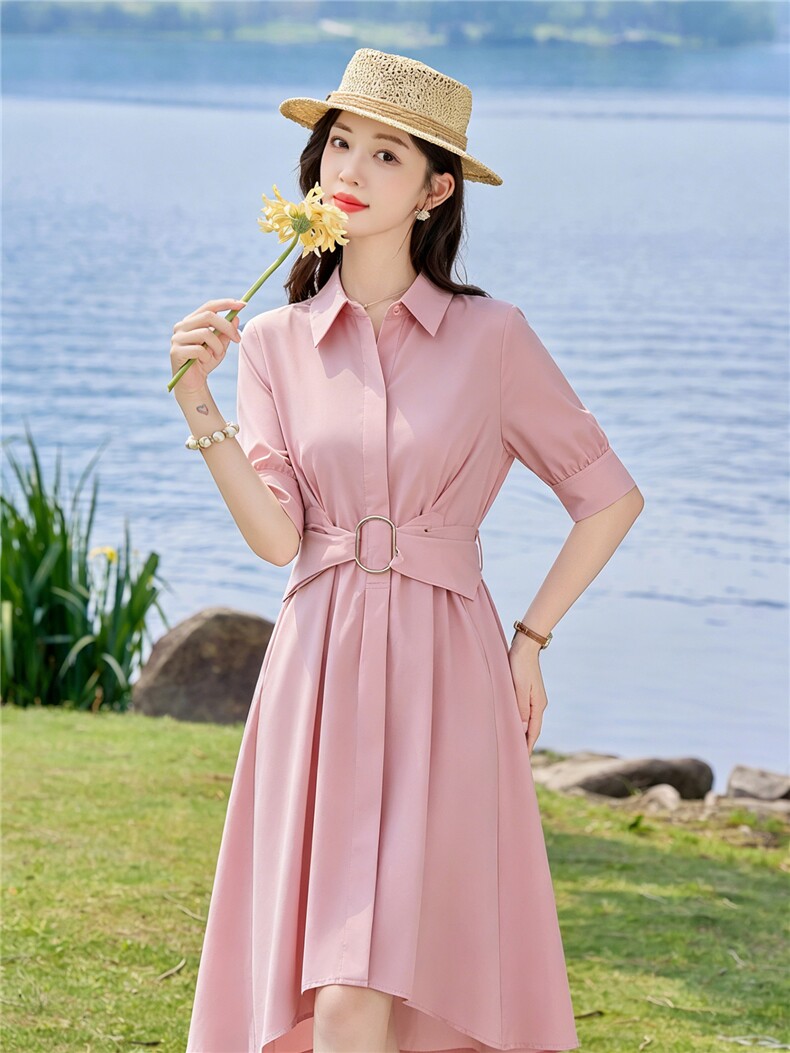 工装风衣翻领系带收腰衬衫连衣裙女装2026年夏季新款气质A字裙子,女装连衣裙,妙形