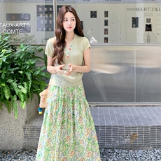 【现货】绿色针织上衣碎花半身裙套装2C158-6003-P145-K208，女装套装/套裙，2C158