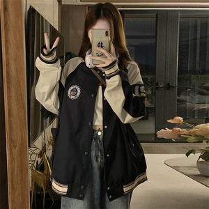 秋季新款美式复古撞色棒球服男夹克宽松情侣装潮牌外套C383-80图片